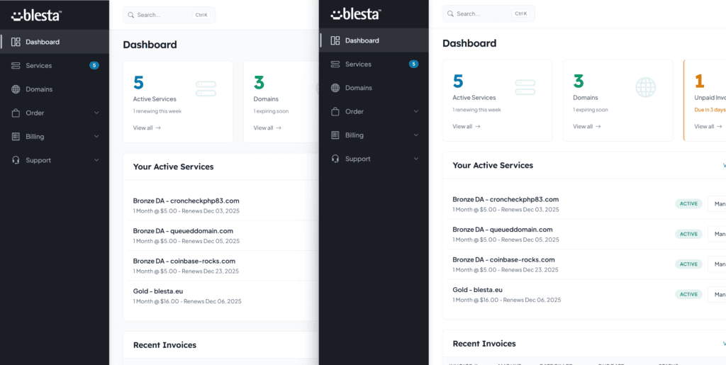 Blesta New Client Area Dashboard