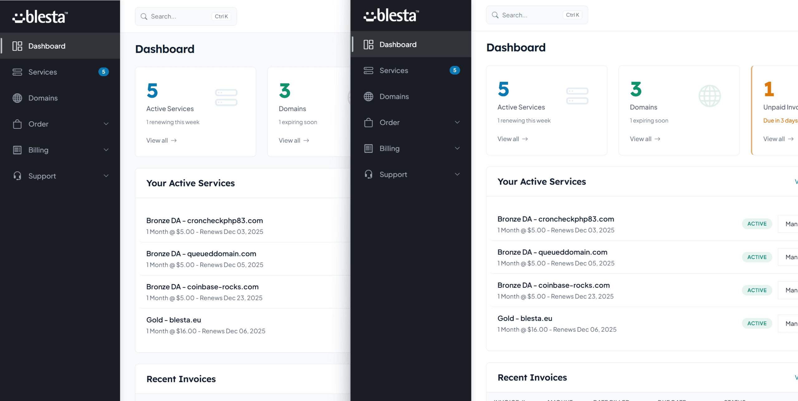 Blesta New Client Area Dashboard